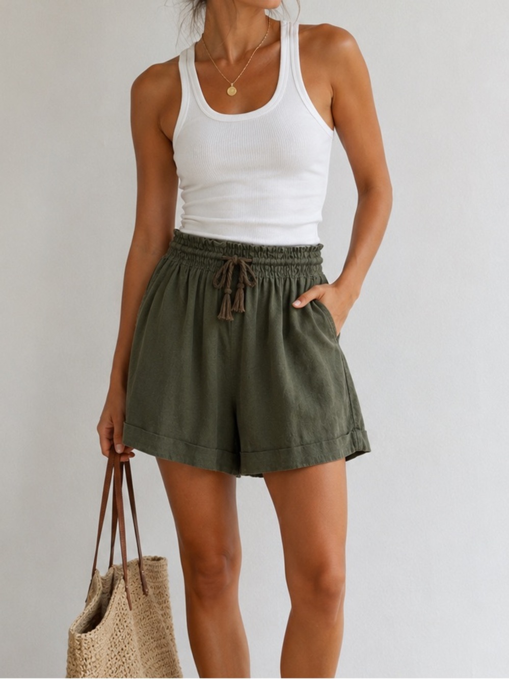 Olive Drawstring Waist Women’s Shorts